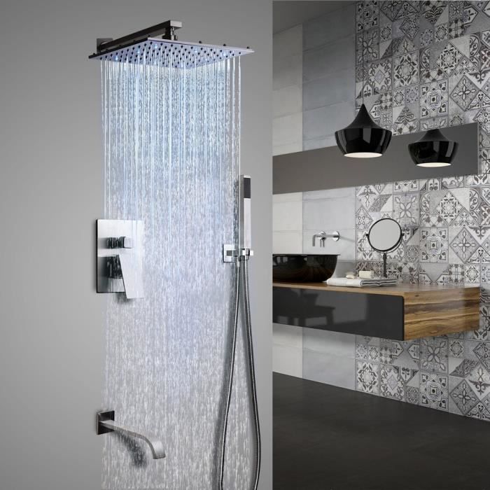 Lonheo Panneau de douche en acier inoxydable avec douche à effet pluie douchette à main système de douche sans cascade Noir buses de massage 