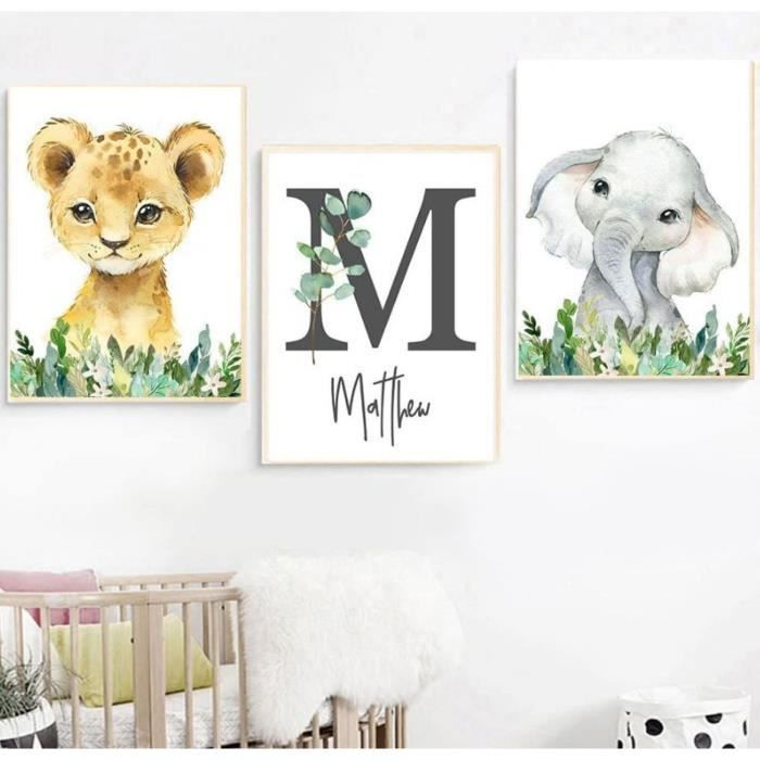 3 Affiche Prenom Enfant Bebe Garcon Deco Chambre Tableau Personnalise Poster Animaux Jungle Elephant Lion Toile Murale 40x30cm Cdiscount Maison