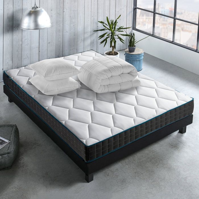Pack Matelas ressorts ensachés 140x190 cm ATMOSPHERE + couette + 2 oreillers 7 zones de confort tissu stretch luxe garanti 10