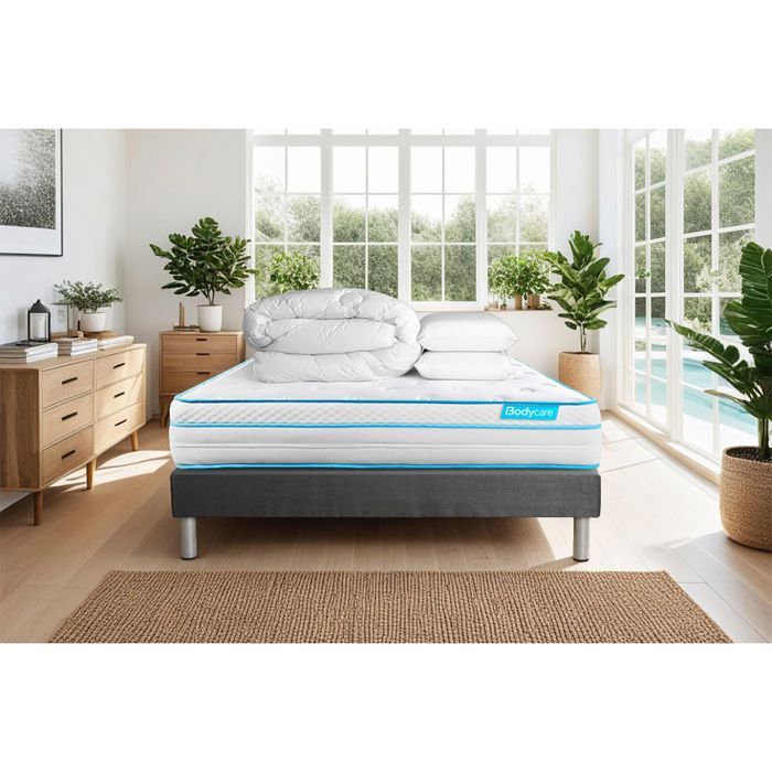 Pack BODYZONE+ 140x190 Ressorts ensachés visco 5 zones Ultra épaisseur + Couette + 2 oreillers