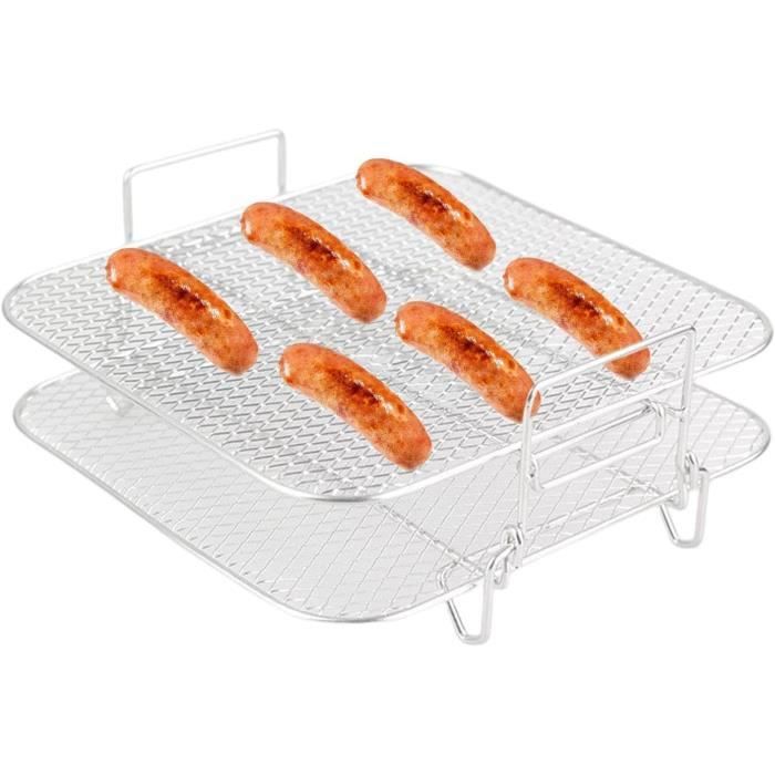 Support étagère Pour Friteuse à Air - 3 Plateaux Carrés Empilables En Inox 304 + Pieds Silicone + Pince - Pour Airfryer, Four, Déshydrateur