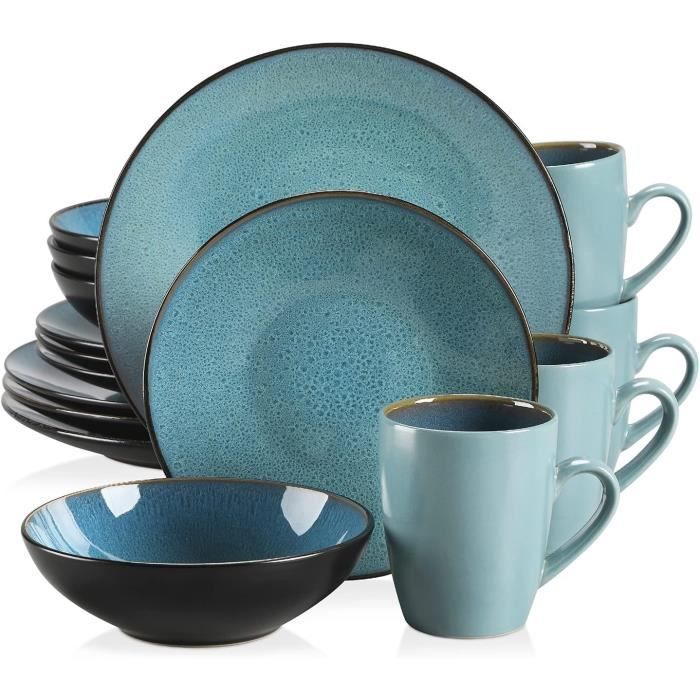Service De Vaisselle Elama 16 Pièces – Grès Floral Bleu Et Rouge – Neuf