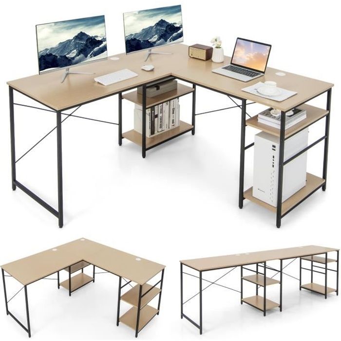 COSTWAY Bureau dAngle - 151 x 151 x 75 CM - Ajustable à Bureau Droit4 Etagère de RangementGrand Table pour 2 Personnes Naturel