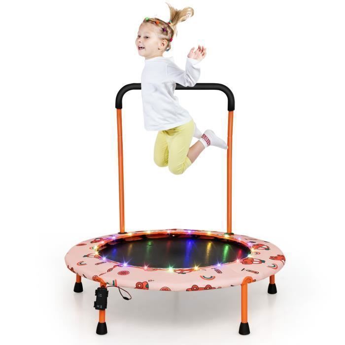 Trampoline pour Enfants 92CM COSTWAY-21 Lumières LED Colorées-Poignée Amovible-Tapis de Saut Rond-3 Ans-Intérieur Extérieur-Voiture
