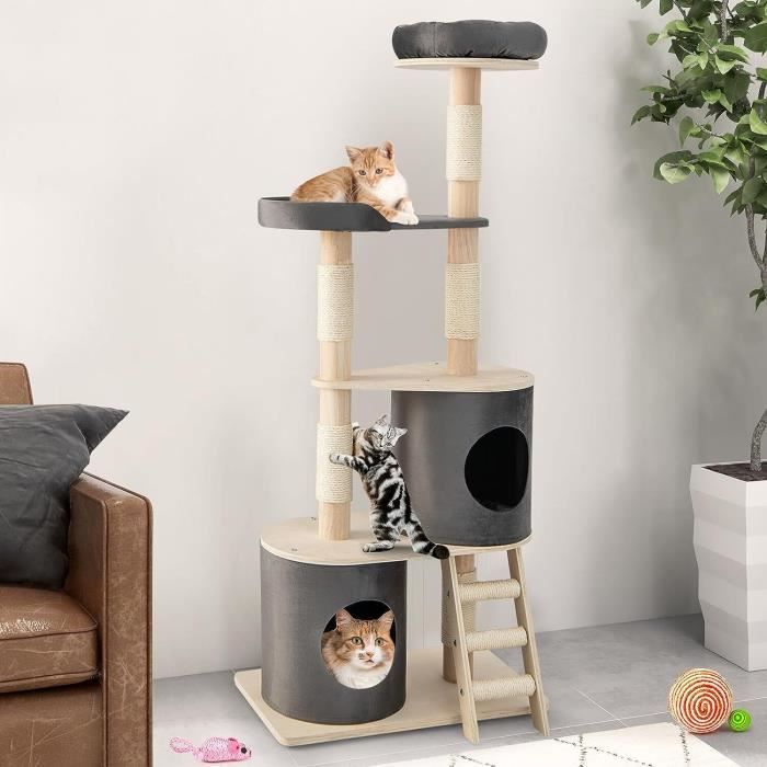 Comparer les prix de GYMAX Arbre à Chats 5 Niveaux en Bois d'Hévéa avec Colonnes à Gratter en Sisal, Maison pour Chatons avec Perchoir Supérieur, H161cm