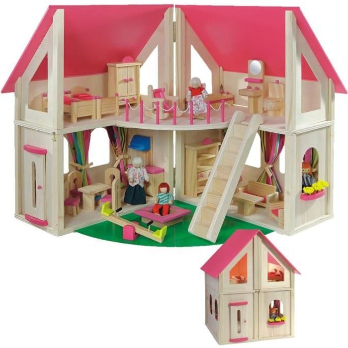 Howa Maison De Poupee En Bois Avec 21 P De Mobilier 4 Poupees Achat Vente Maison Poupee Cdiscount