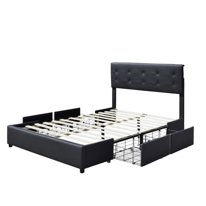 chloe - Solide et Confortable Lit 140x200 avec Sommier avec 4 tiroirs Tete de lit Couleur NOIR Pieds en 4 cm