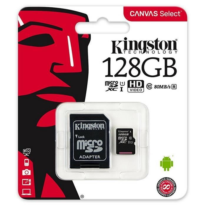 Kingston Canvas Select SDCS - Carte mémoire microSDXC UHS-I U1 128 Go micro SD avec adaptateur SD