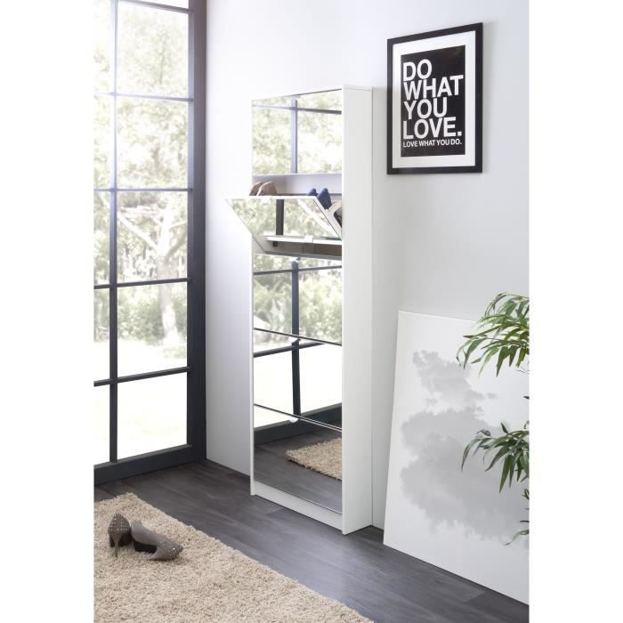 Meuble à chaussures - Blanc et Facades miroir- L58 x H177 x P17 cm - 15 paires - 5 abattants - KOBLENZ