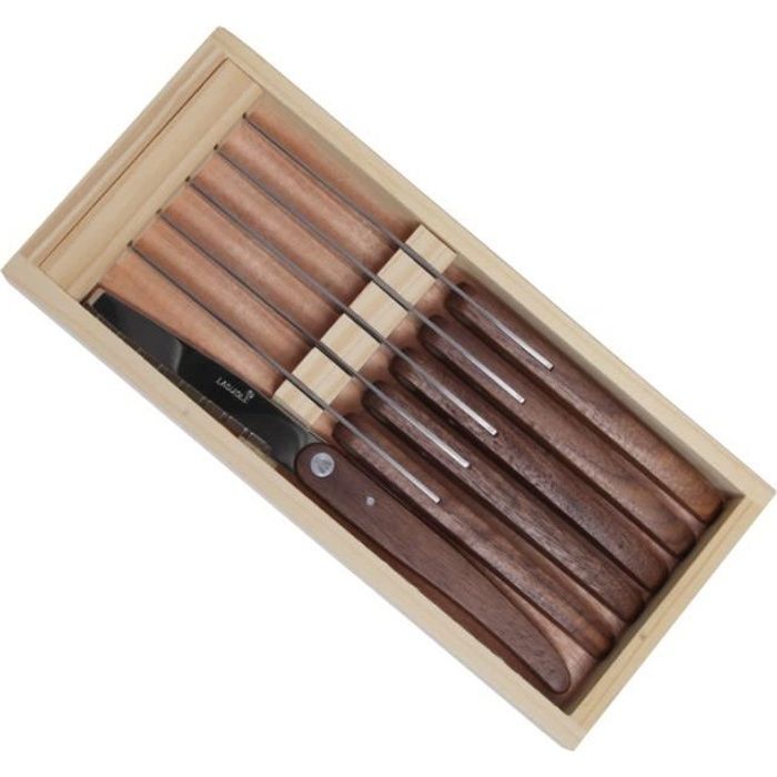 Laguiole L'Eclair Ensemble Couteau á Steak,6 pc,Bord Dentelé,Noyer,Boîte en Bois