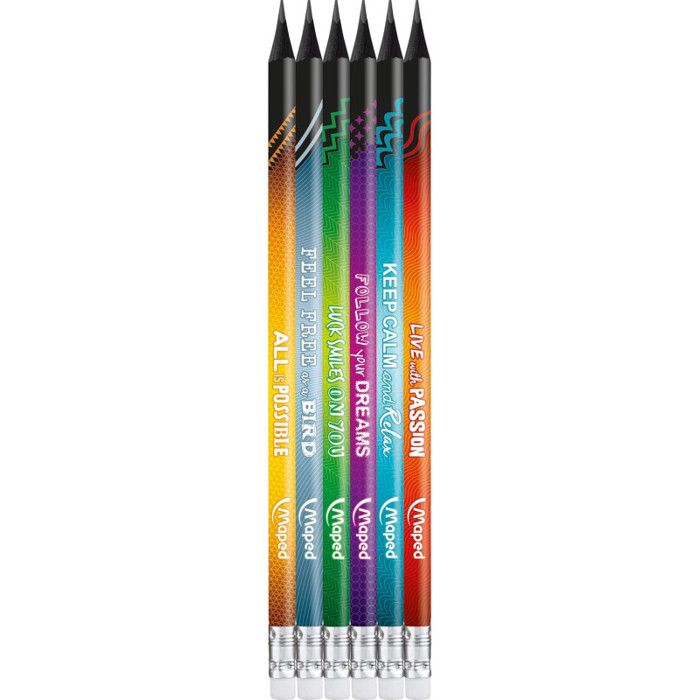 Maped Black’Peps Energy Driehoekige Potloden – 6 Stuks Met Gum, HB, Meerkleurig – Voor School En Kantoor