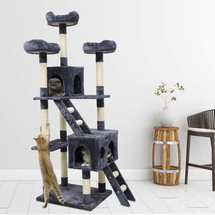 Meilleurs prix pour Mondeer-Arbre à Chat H180 cm-avec Plate-Formes-Grande Grotte-Troncs épais en sisal-Palais de Chat-Gris