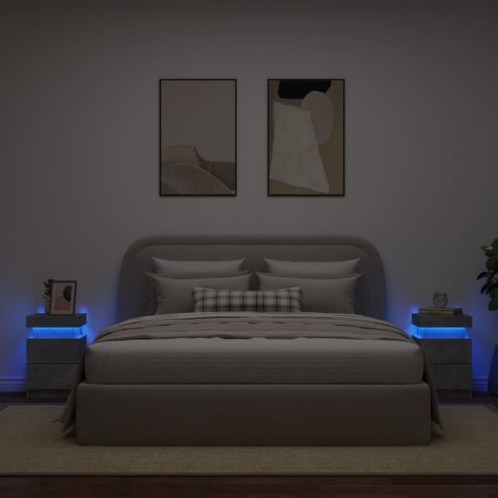 Table de chevet - MOTHINESSTO - 2 pcs - Gris béton - Bois dingénierie - Lumières LED RVB