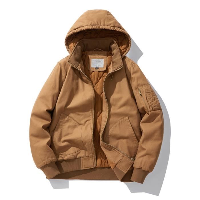 Blouson Homme Capuche Automne Hiver En Coton Veste Cargo Zippee Epaisse Col  Montant Couleur Unie Marron