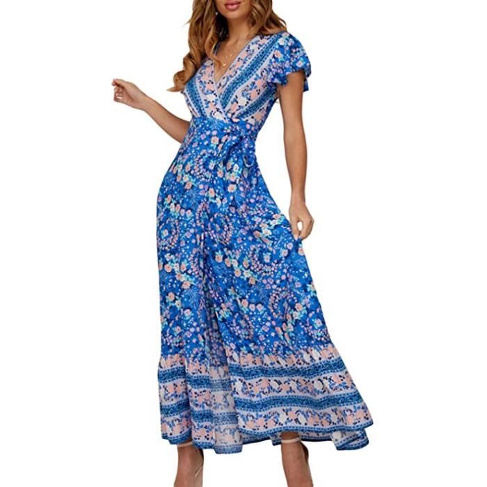 Femmes Bohme Robes Longues t Plage Floral  Manches Courtes Split ...