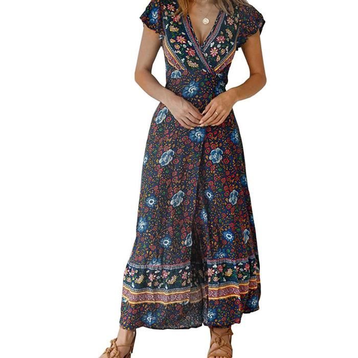 robe d'été à col en v pour femme de vacances imprimé floral bohème plage bleu