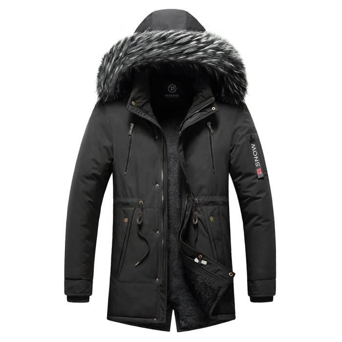 Parka Hiver Capuche Fourrure Homme Chaude Manteau Epais Mi Long Couleur  Unie