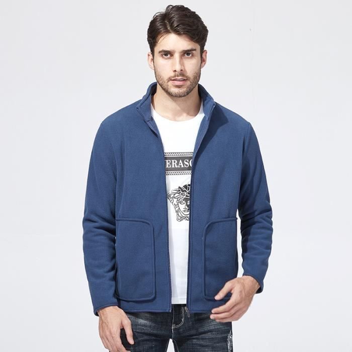 Veste polaire Homme Hiver Col montant Manches longues Casual Chaude Epaisse Couleur unie Bleu 
