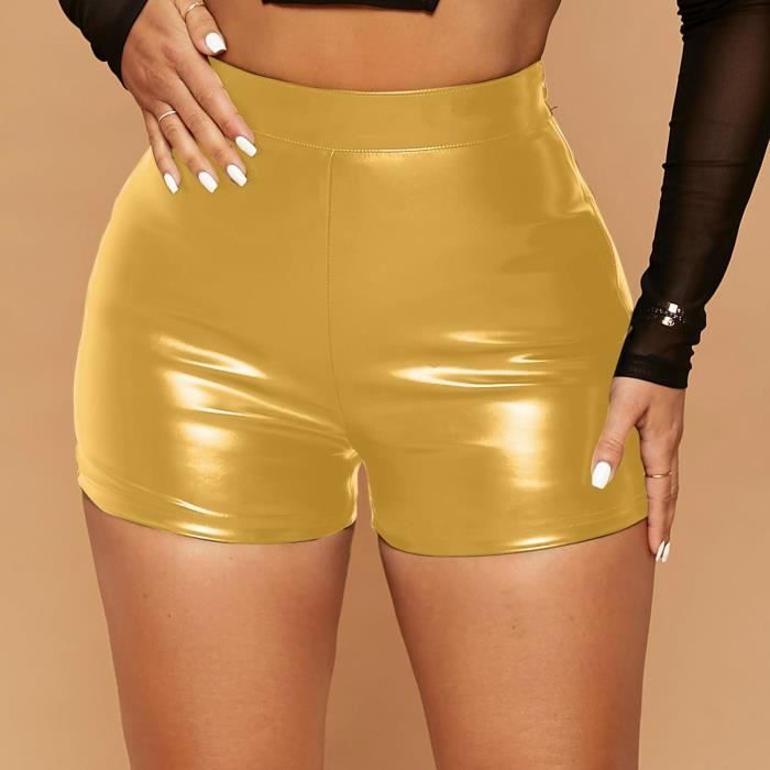 Short En Cuir Verni Femme Taille Haute - Effet Mouillé, Clubwear - Noir - Taille 2XL
