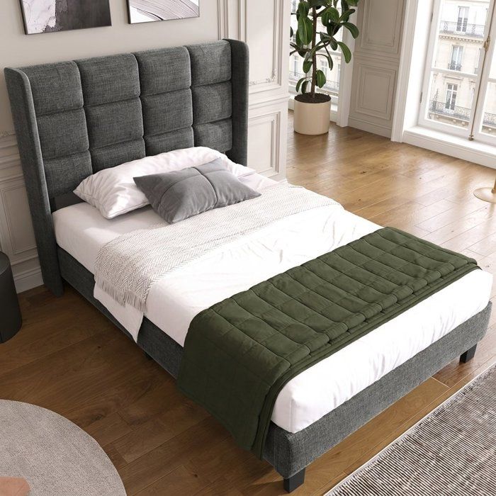 Lit 90x200 cm lit 1 place Adulte Enfant en Tissu Gris Lit rembourré avec Sommier à Lattes Inclus