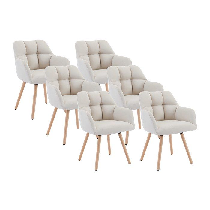 Lot de 6 chaises avec accoudoirs - Tissu et bois de hêtre - Beige - PEGA