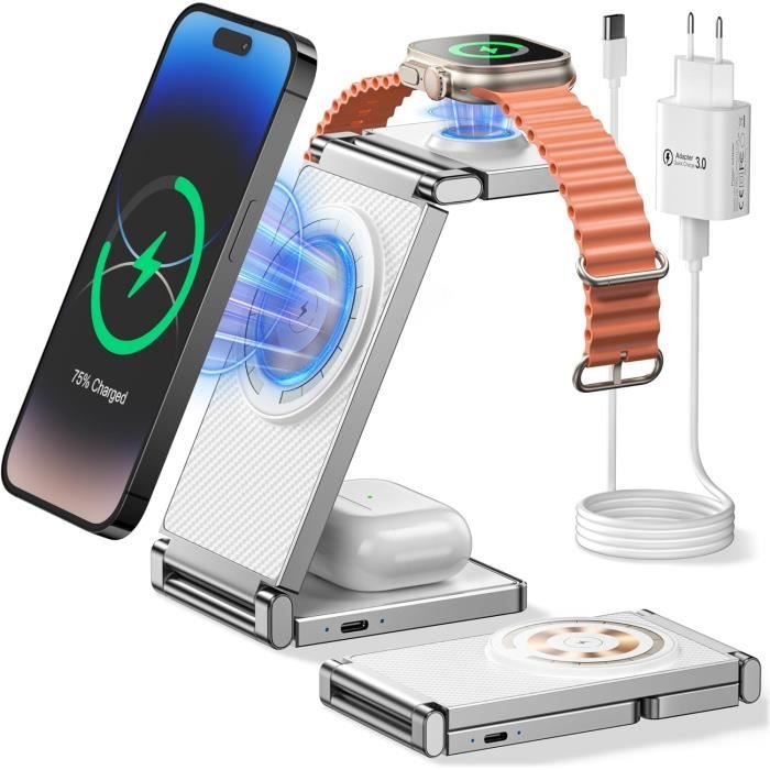 Mag-Safe Chargeur Avec Adaptateur USB-C, Chargeur Magnétique Sans Fil Rapide Pour IPhone 15/14/13/12 Séries Et AirPods Ultra Slim Charge Sans Fil Inductive (Gris