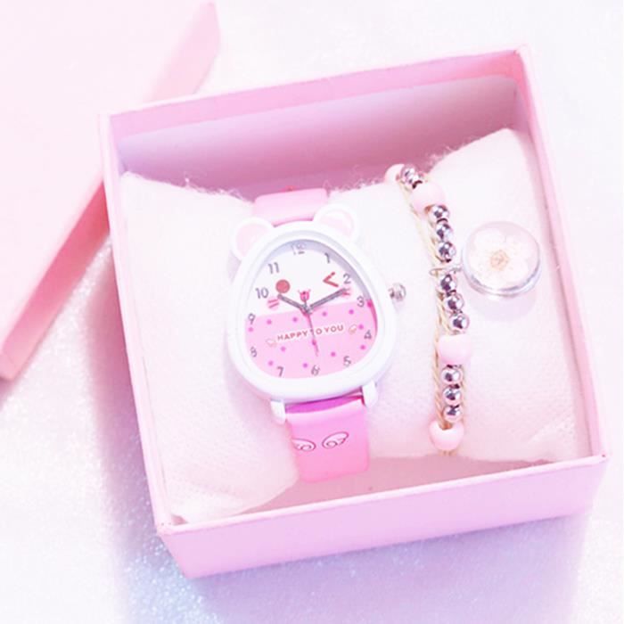 Coffret Montre Fille et Bracelet Fille - Cadeau pour enfants - Motif ours dessin animé jolie quartz rose