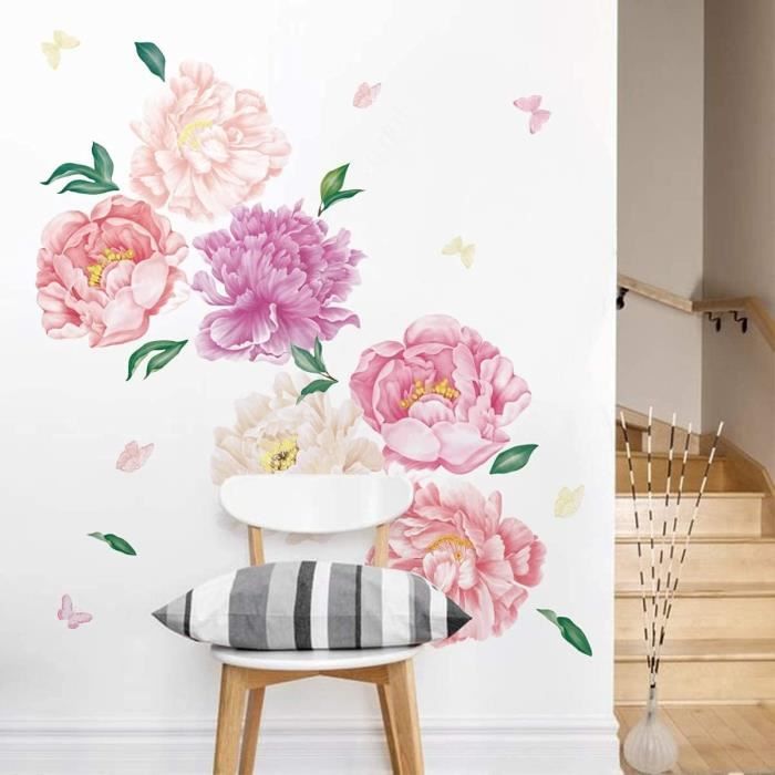 Sticker Muraux Fleurs Autocollant Mural Pivoine Rose Papillon Amovible ...
