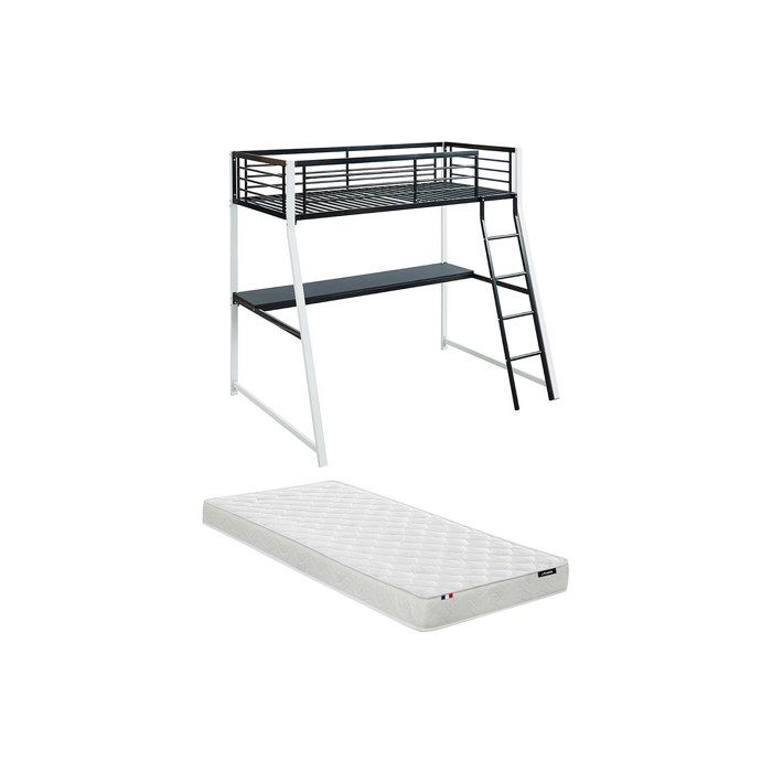 Lit mezzanine MALICIA - 90 x 190 cm - bureau intégré - Noir et blanc + matelas
