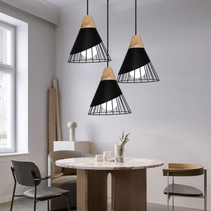 Suspension Luminaire UNI - WOTTES - Noir - 3 lumières - Bois Fer - Eclairage Décoration