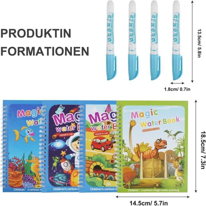Lot De 4 Livres De Dessin Magique à L’Eau – Réutilisables – Stylos Inclus – Poney, Animaux, Univers, Dinosaures