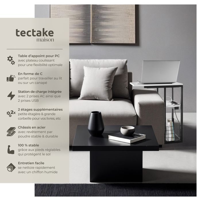 Table D’Appoint Ronde Oxford Tectake® – 45,5 Cm, 2 Plateaux Amovibles, Design Rustique & Élégant – Idéale Salon, Chambre, Bout De Canapé Noir
