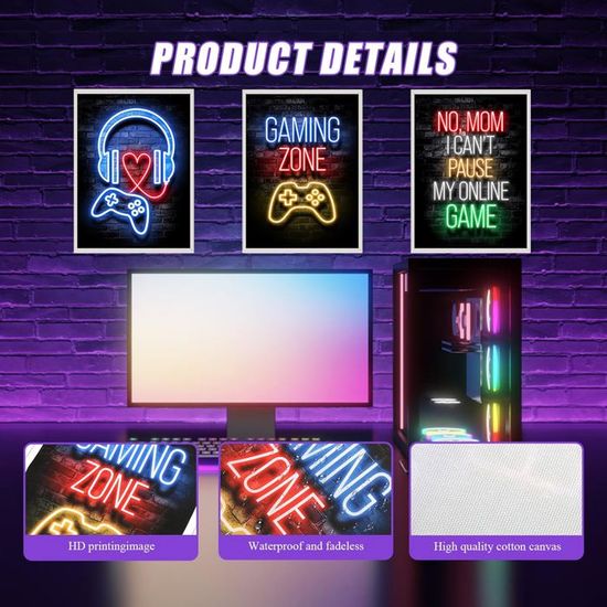 3 Posters Gamer Sur Toile 30x40cm - Avec Cadre - Décoration Murale Chambre Gaming - Motivant Et Coloré