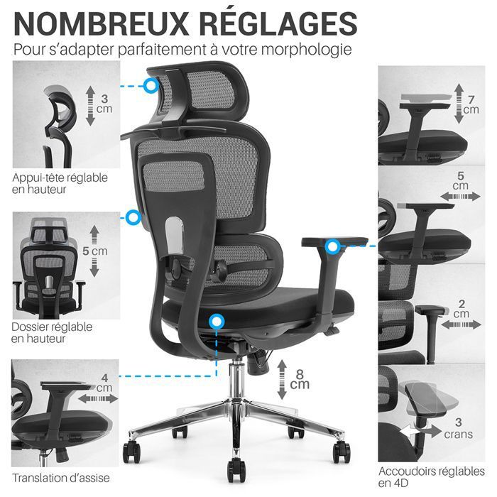 Fauteuil de Bureau Inclinable, Ergonomique, Chaise de Bureau 150kg , Appui- tête et Accoudoirs Ajustables, Siège Bureau avec Le Support Lombaire, Noire Fauteuil de Bureau Inclinable, Ergonomique, Chaise de Bureau 150kg , Appui- tête et Accoudoirs Ajustables, Siège Bureau avec Le Support Lombaire, Noire