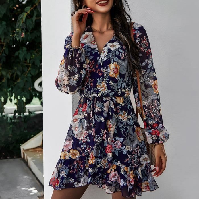 Robe Femme Manche Longue Lache Printemps Automne Mini Robe Courte Col V Decontractee A Ligne Casual Chic d Ete Marine Marine Cdiscount Pret a Porter