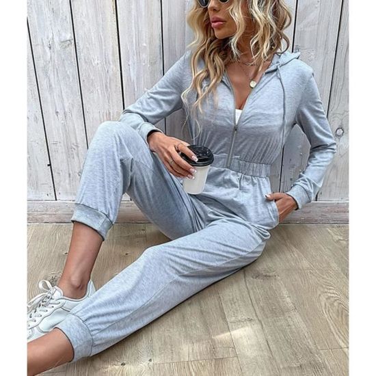 Combinaison Pantalon Femme a Manches Longues Zippe Casual Sport Jumpsuit Couleur Unie Taille Haute Combishort Loose BARBOTEUSE Gris Cdiscount Pret a Porter