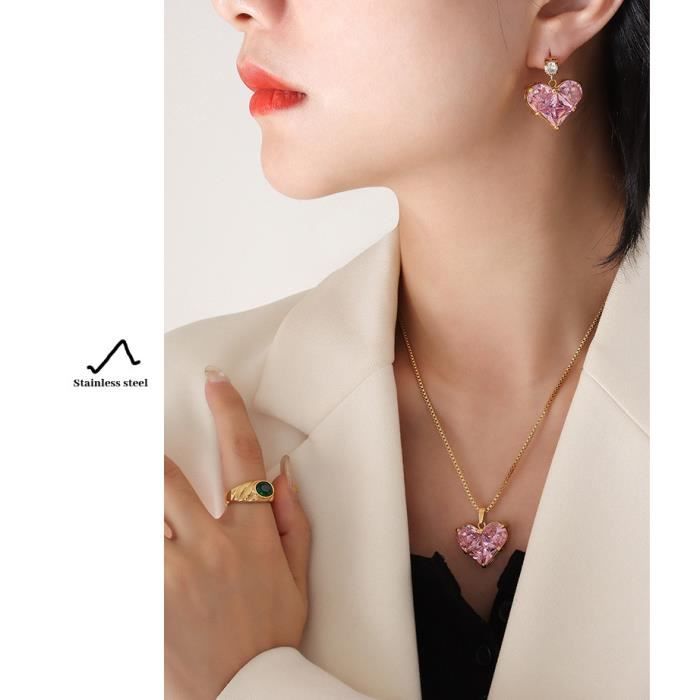 Parure Bijoux Femme Argent Yumilok Collier & Boucles D'Oreilles En Argent 925/Zircon Collier Coeur Rouge