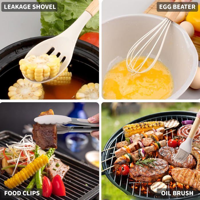 Set Ustensile Cuisine En Silicone, Manche Bois - Recettes De Cuisine Ustensiles Cuisine