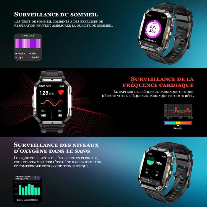 Montre Connectée Homme Avec écran 2,01", Appel Bluetooth, 120 Modes Sport - Étanche, Suivi Santé