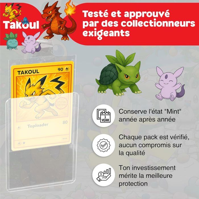 TAKOUL Toploader rigide transparent avec sleeves pour cartes Pokémon ...
