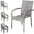 CASARIA® Ensemble de 4 chaises de jardin grises en polyrotin avec accoudoirs empilables structure en acier thermolaqué-0