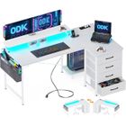 Bureau d'angle Coleshome, Bureau en L avec 4 Tiroirs Réversible, 2 USB et 2 Prise de Courant , 140x80x84.7cm, Blanc