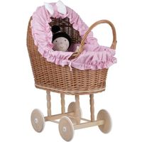 Poussette pour poupée - Landau en osier avec tissu rose et roues en bois