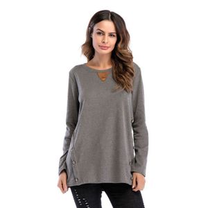 Fisoew T-shirt à Manches Longues Pour Femme - Col En V - Décontracté - Manches Longues Côtelées - Henley - T-shirt Basique Avec Bouton, Rouge Brique, L