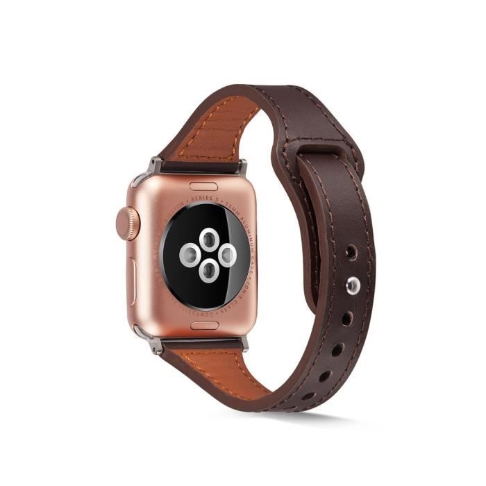 Bracelet Pour Montre Connectée Cuir Véritable Pour Apple Watch Series 6-5-4-Se 44Mm, Série 3-2-1 42Mm -Café