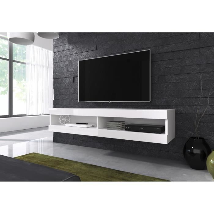 e-Com - Meuble TV flottant Volant - 150 cm - Mat Blanc et Blancs Brillant