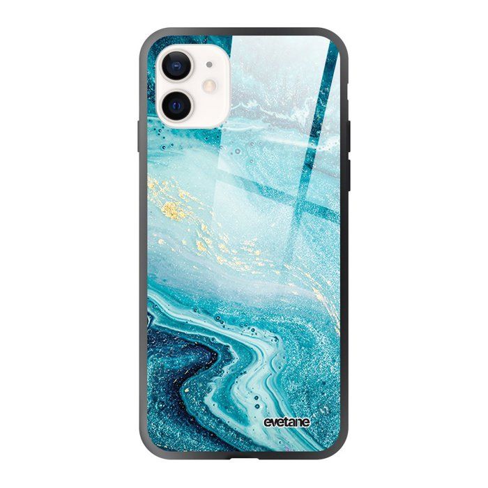 Coque pour iPhone 12 Mini soft touch effet glossy noir Bleu Nacré Marbre Design Evetane