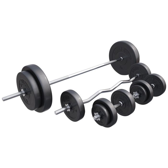Gorilla Sports - Set d'haltères complet avec disques revêtement plastique + barres 97,5 Kg