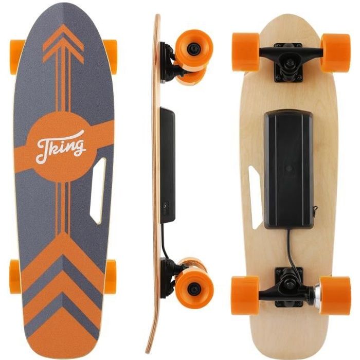 Skateboard électrique - Longboard avec Télécommande, 7 Couches de Planche Feuille D'érable Solide, Vitesse Max 20 km/h, Orange