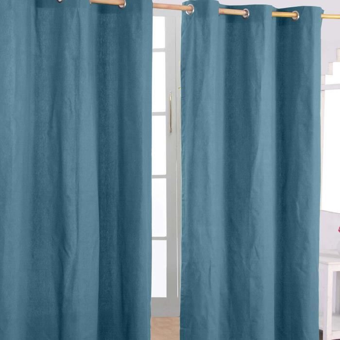Paire de rideaux oeillets Uni Bleu fonce 100% coton Prte à poser 137 x 228 cm